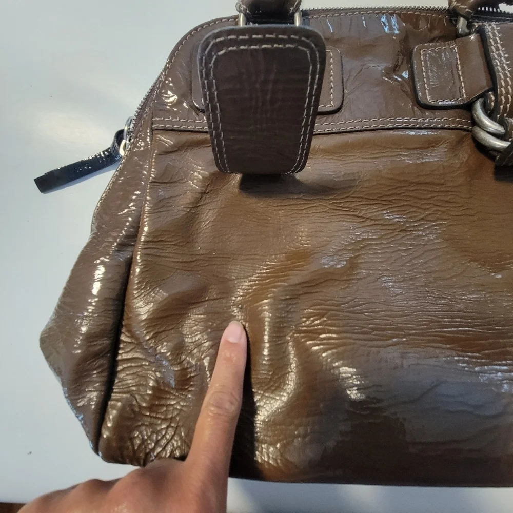 Chloe Bay Quilted Patent Leather Satchel Bag.